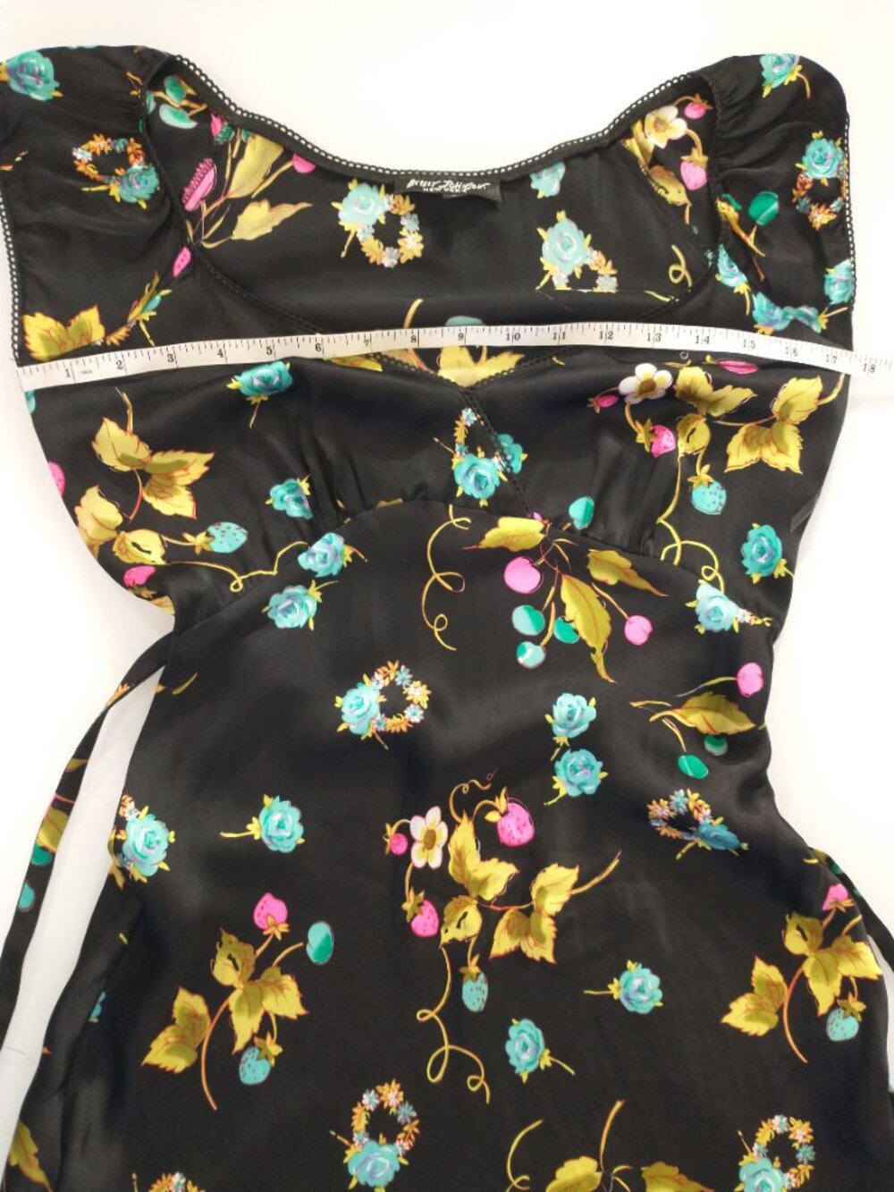 VTG 90s Betsey Johnson Black Silk Cherry Strawberry Floral Fruit Slip Midi Dress - Picture 13 of 16